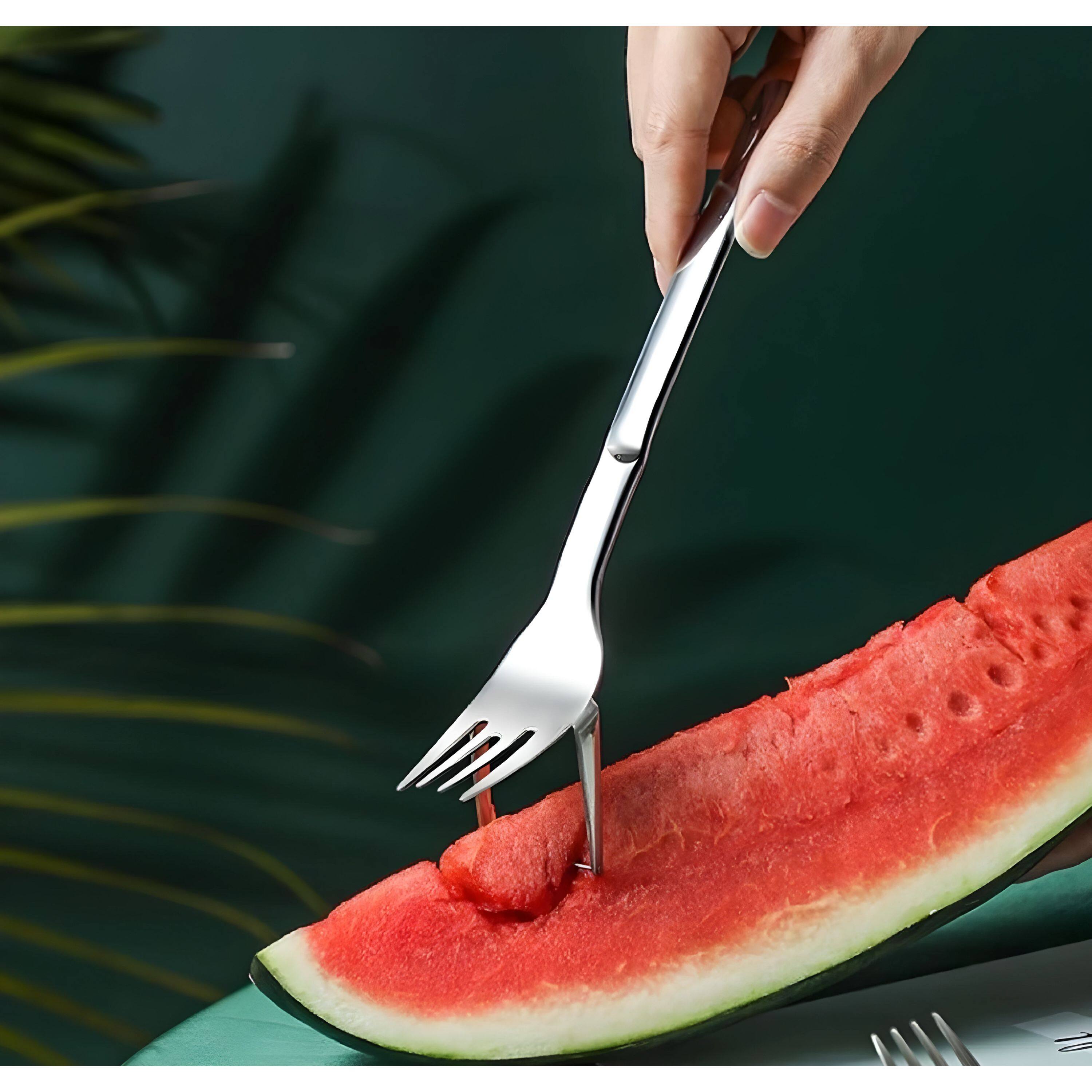 Left. Kitcheniva - 2‑in‑1 Stainless Steel Watermelon Slicer & Carving Fork Tool - Silver.