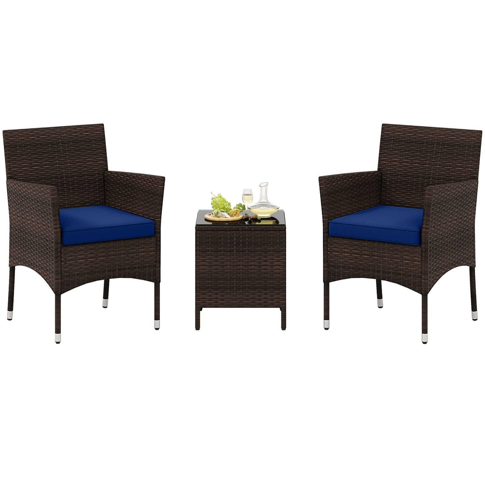 Alt View 9. Costway - Costway 3 PCS Outdoor Conversation Set with Cushioned Seat & Tempered Glass Tabletop - Navy.