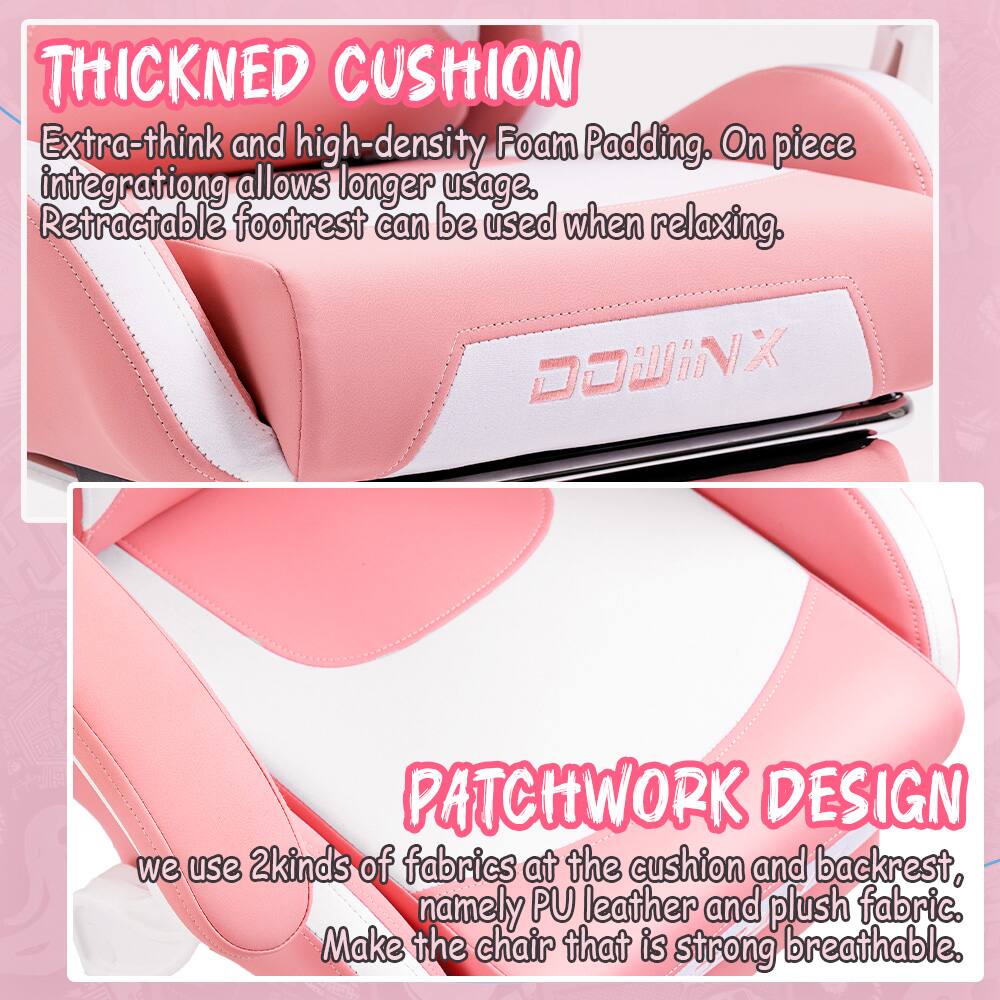 **THICKNED CUSHION**  
Extra-think and high-density Foam Padding. On piece integration allows longer usage. Retractable footrest can be used when relaxing.

**PATCHWORK DESIGN**  
We use 2 kinds of fabrics at the cushion and backrest, namely PU leather and plush fabric. Make the chair that is strong breathable.