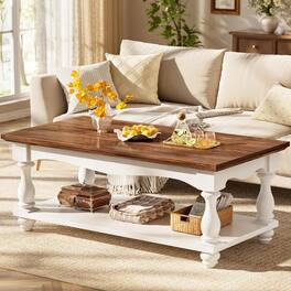 Aheaplus - Wooden Coffee Table - 2-Tier Farmhouse Coffee Table with Storage for Living Room - White & Brown