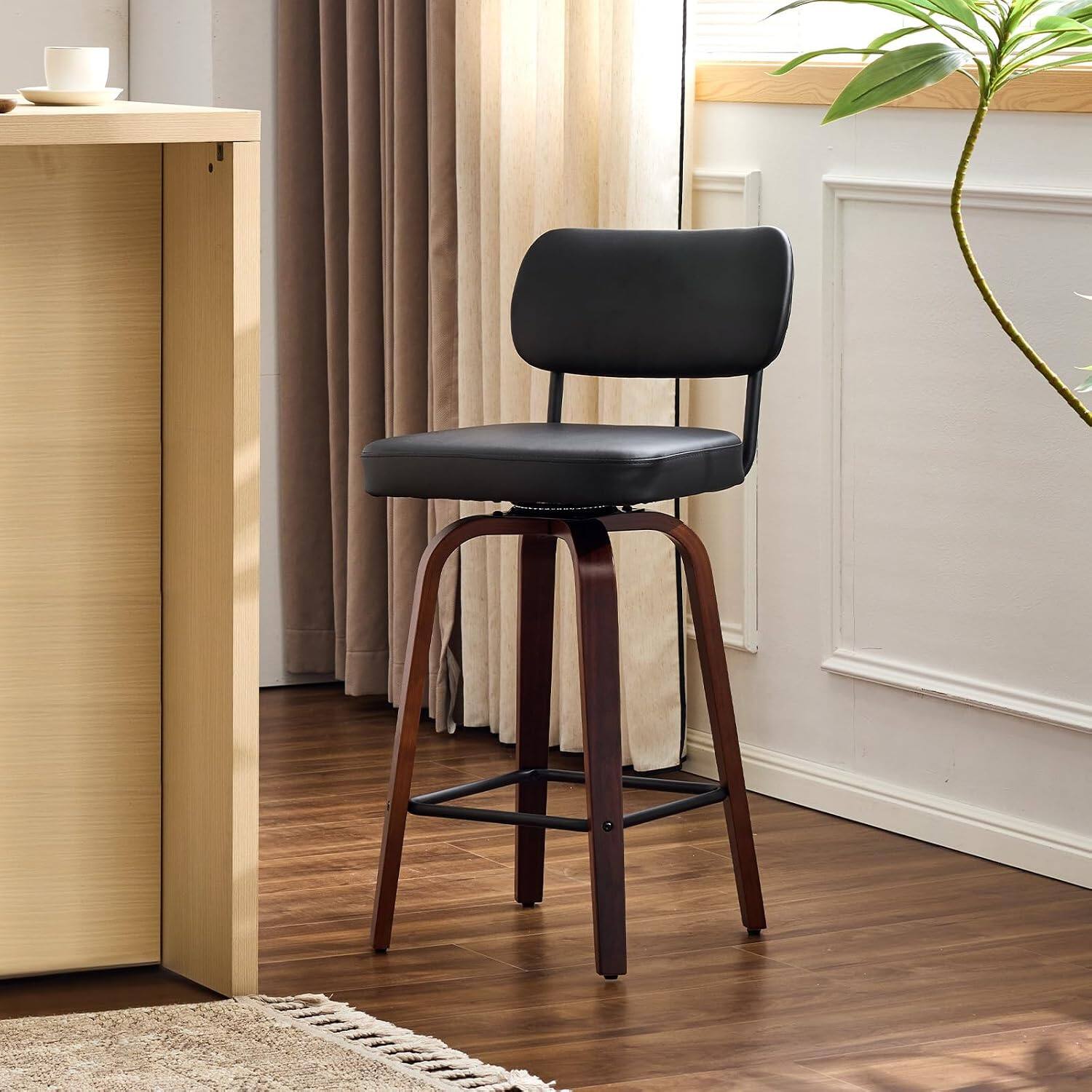 Alt View 5. Winado - Modern Bar Stool 26" H, PU Leather 360° Swivel, Solid Wood Legs Barstools for Kitchen Island & Home Bar - Brown Pu-Set of 1.