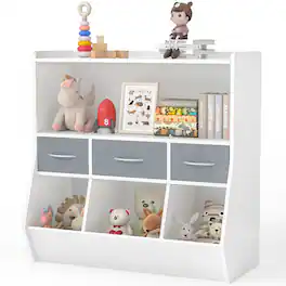 Sugift - Kids Storage Organizer Shelf, Wooden Toy Organizer with Book Rack and Fabric Bins - White