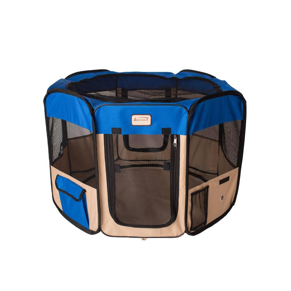 Angle. Armarkat - Portable Pet Playpen In Blue And Beige Combo - Blue.