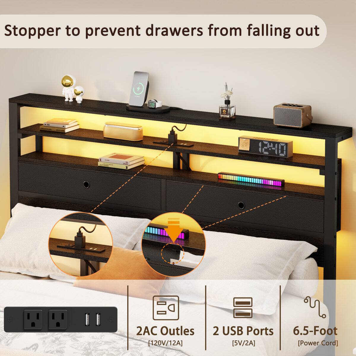 Stopper to prevent drawers from falling out

12:40

2AC Outlets [120V/12A]

2 USB Ports [5V/2A]

6.5-Foot [Power Cord]