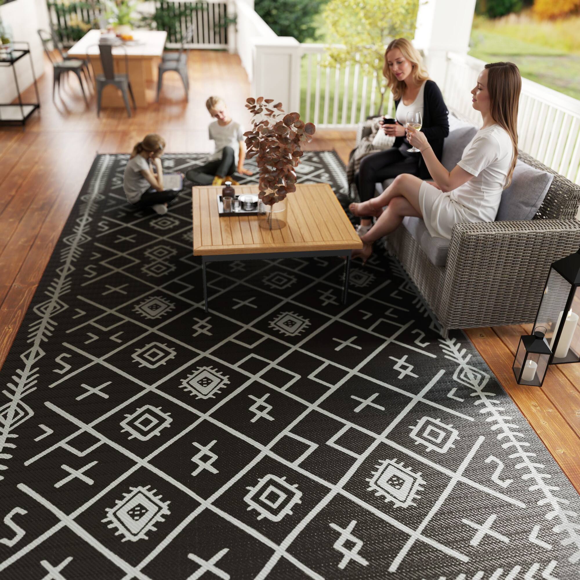 Alt View 8. Outsunny - Reversible Outdoor Rug, 9' x 18' Waterproof Plastic Straw Floor Mat, Portable RV Camping Carpet, Large Floor Mat - Black and Gray Rhombus.