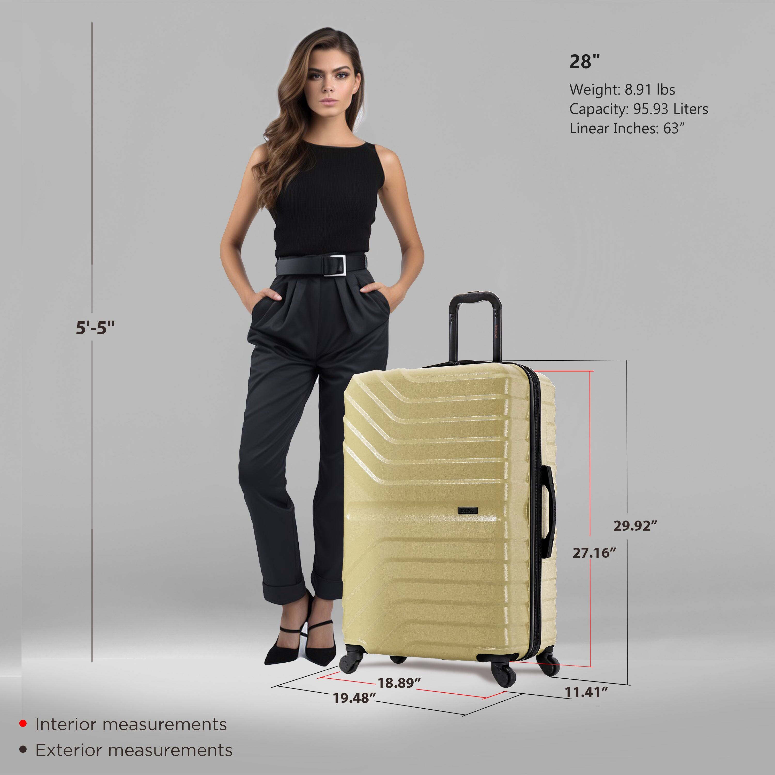 - **28"**
  - Weight: 8.91 lbs
  - Capacity: 95.93 Liters
  - Linear Inches: 63"

- **Interior measurements**
  - 19.48"
  - 18.89"
  - 11.41"

- **Exterior measurements**
  - 29.92"
  - 27.16"
  - 11.41"

- **Height reference**
  - 5'-5"