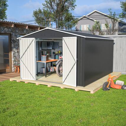 Front. Mondawe - 10x12 FT Outdoor Storage Shed with Lockable Doors - Black.