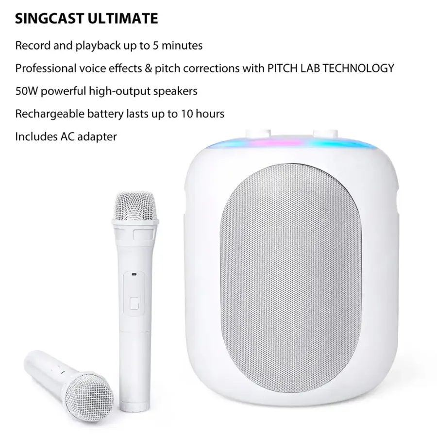 SINGCAST ULTIMATE Record and playback up to 5 minutes Professional voice effects & pitch corrections with PITCH LAB TECHNOLOGY 50W powerful high-output speakers Rechargeable battery lasts up to 10 hours Includes AC adapter