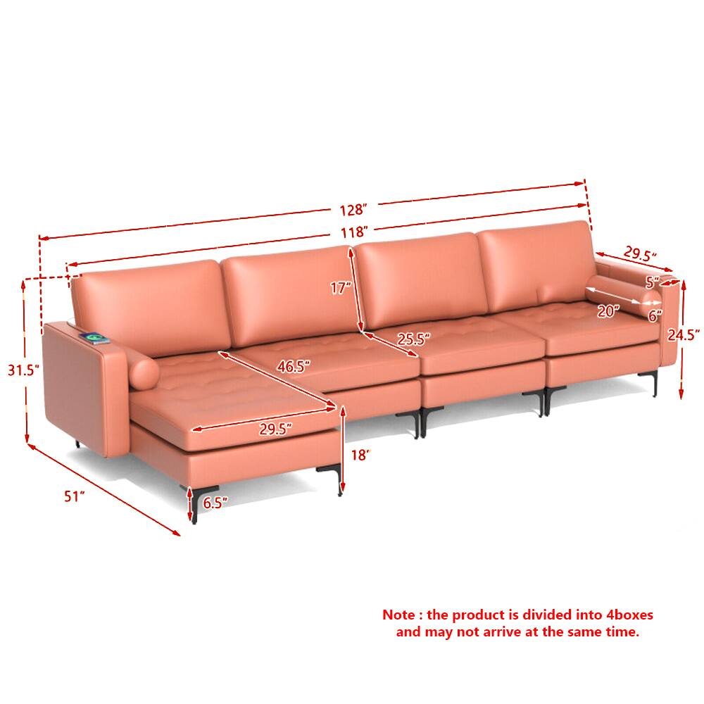 Left. Hivvago - Modular 4-Seater L-Shaped Sectional Couch with Reversible Chaise and Dual USB Charging Ports - Pink.