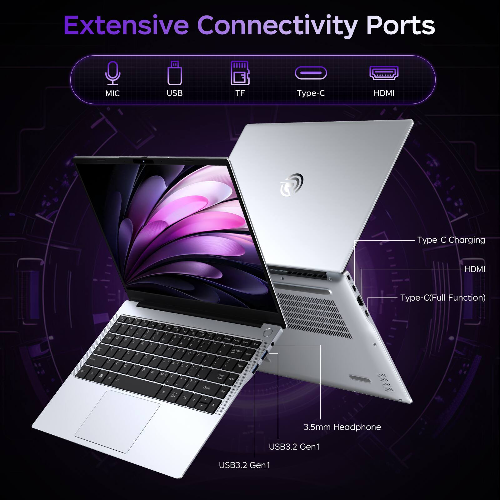 Extensive Connectivity Ports

MIC
USB
TF
Type-C
HDMI
Type-C Charging
Type-C (Full Function)

3.5mm Headphone
USB3.2 Gen1
USB3.2 Gen1
