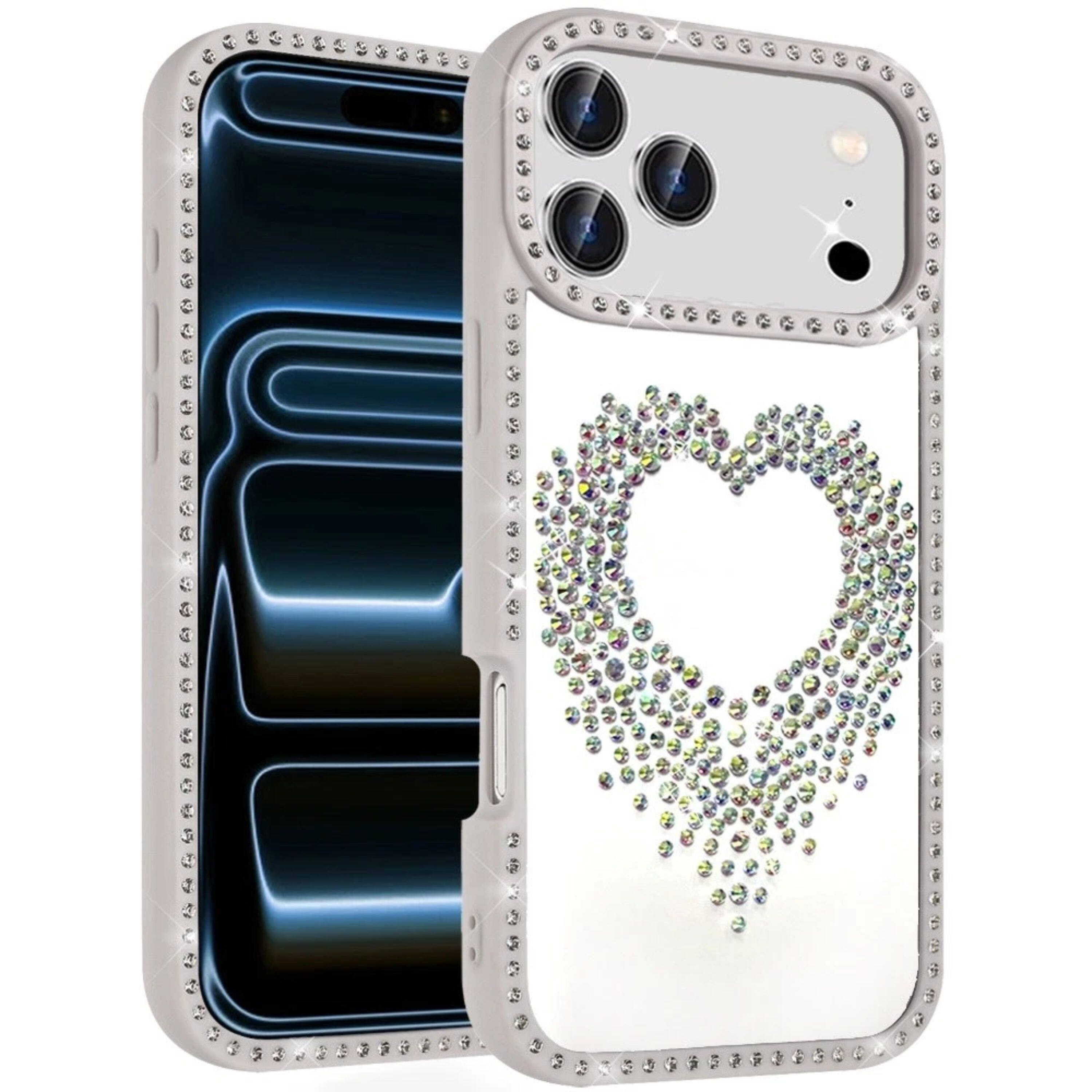 Left. Kitcheniva - Heart Crystal Bling Border Case With Tempered Glass For iPhone 17 Pro Beige - Biege.