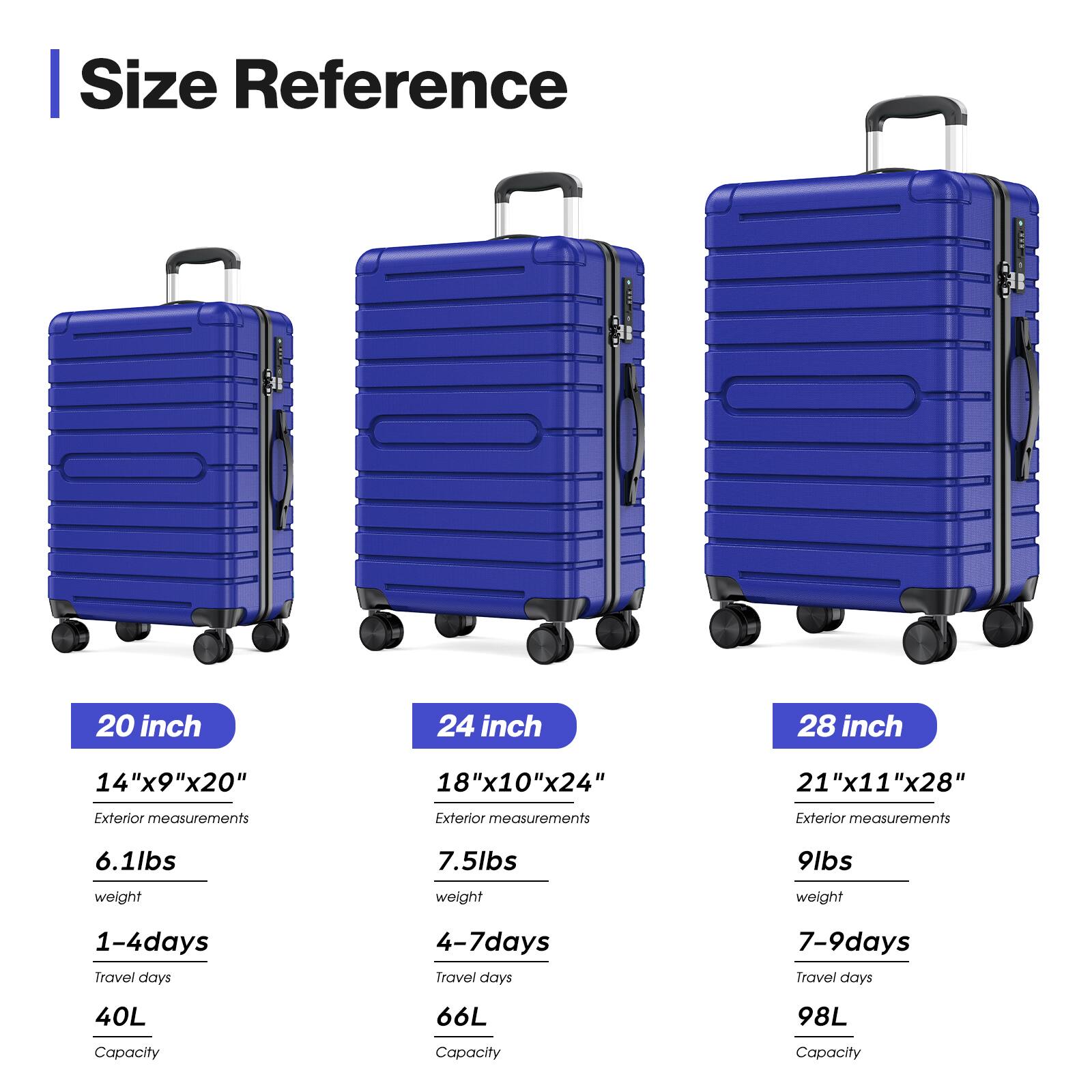 **Size Reference**

- **20 inch**
  - 14"x9"x20"
  - Exterior measurements
  - 6.1lbs
  - weight
  - 1-4 days
  - Travel days
  - 40L
  - Capacity

- **24 inch**
  - 18"x10"x24"
  - Exterior measurements
  - 7.5lbs
  - weight
  - 4-7 days
  - Travel days
  - 66L
  - Capacity

- **28 inch**
  - 21"x11"x28"
  - Exterior measurements
  - 9lbs
  - weight
  - 7-9 days
  - Travel days
  - 98L
  - Capacity
