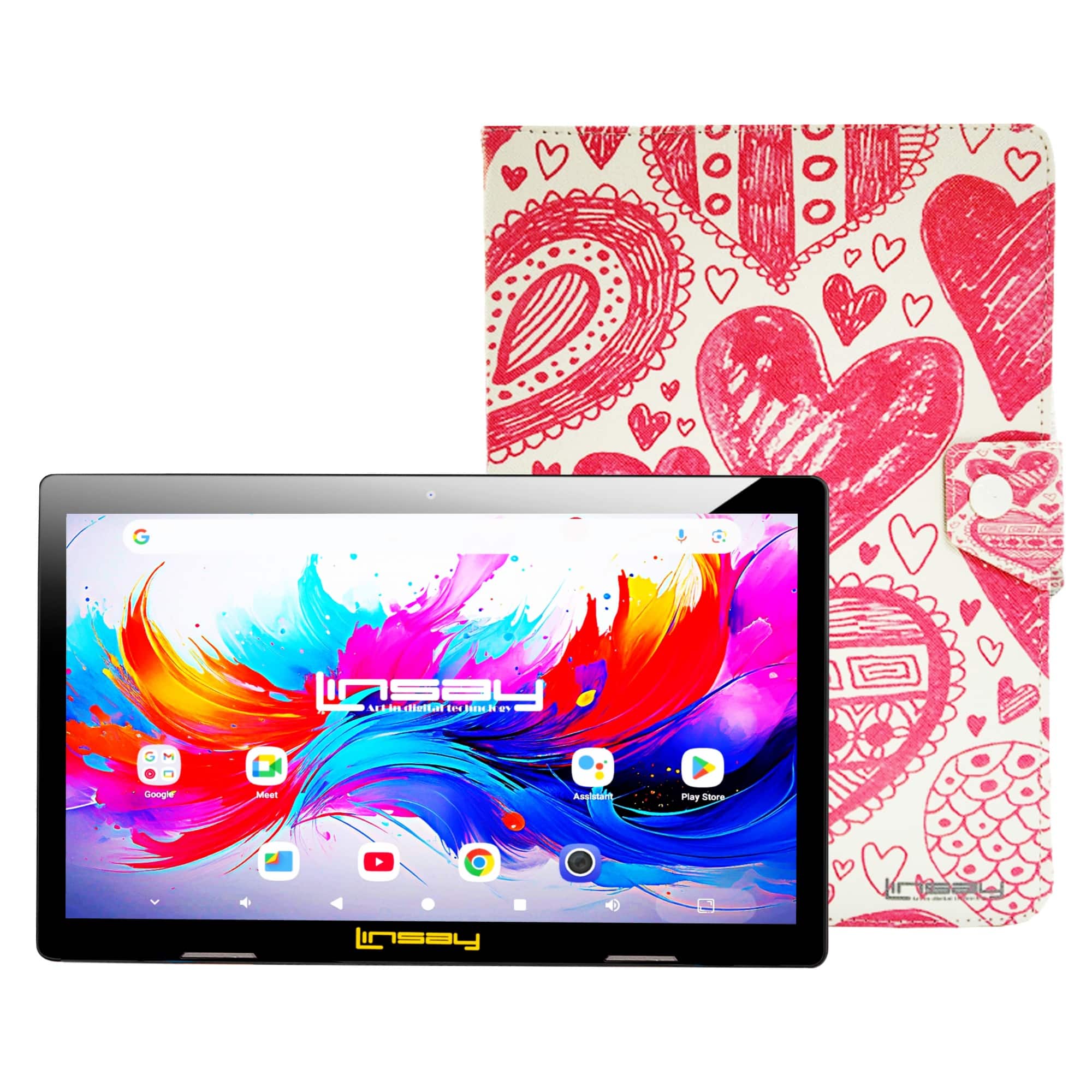 LINSAY - 10.1"Octa Core 256GB Storage Android 15 Tablet with Love shape Case - Red