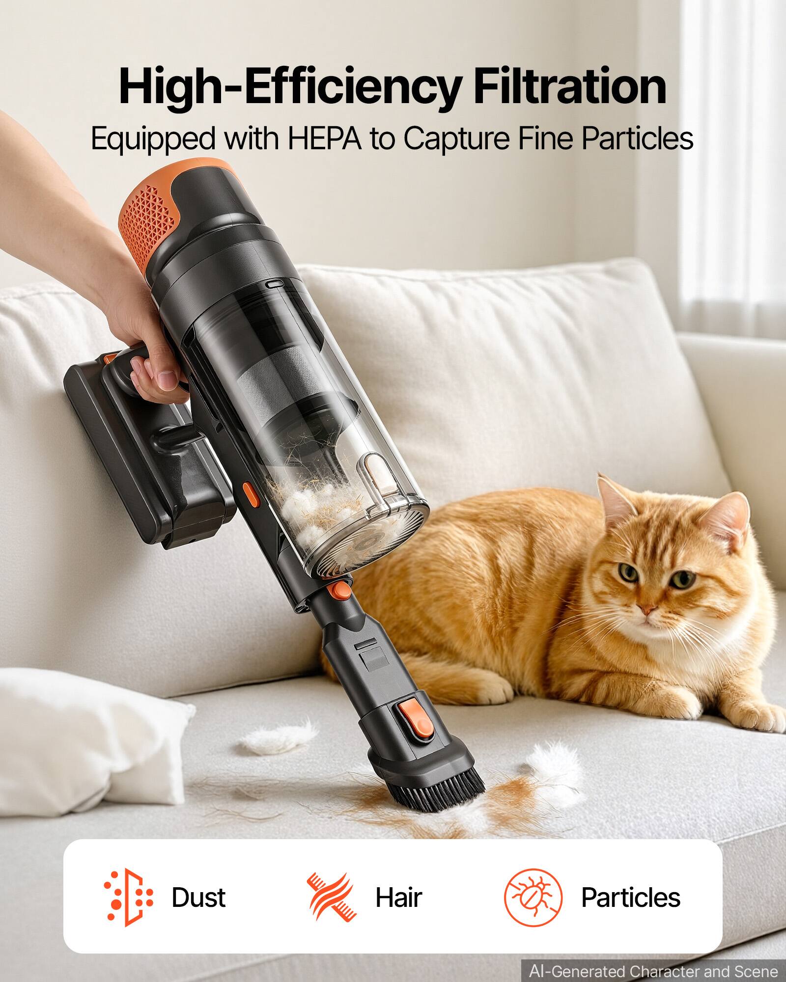 High-Efficiency Filtration  
Equipped with HEPA to Capture Fine Particles

- Dust
- Hair
- Particles

AI-Generated Character and Scene