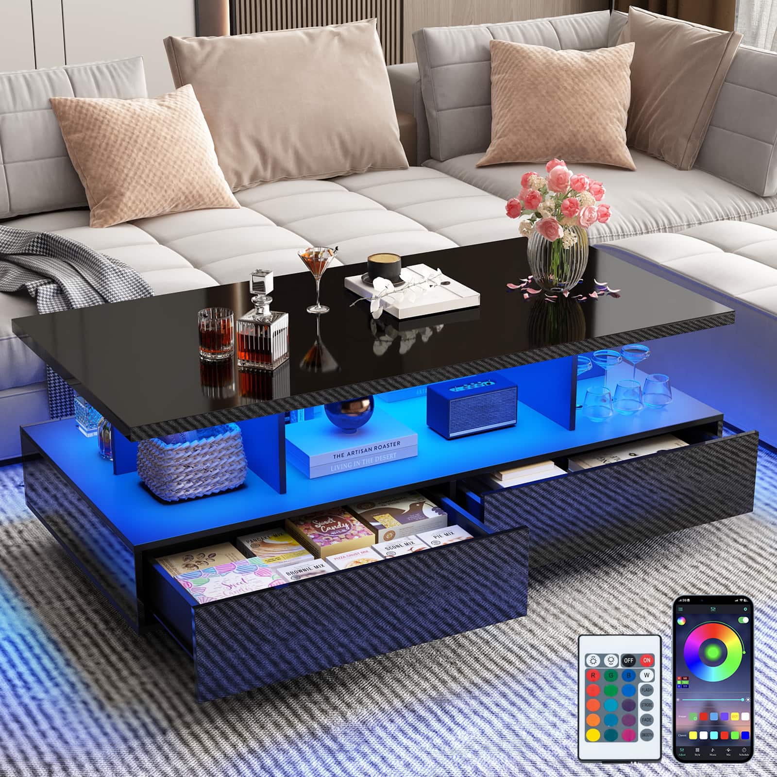 Espafurni - 43in Modern LED Coffee Table - 2 Big Drawers, 60K color App lights, High gloss, 2 - Tier for Living Room - Glossy Black