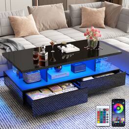 Espafurni - 43in Modern LED Coffee Table - 2 Big Drawers, 60K color App lights, High gloss, 2 - Tier for Living Room - Glossy Black