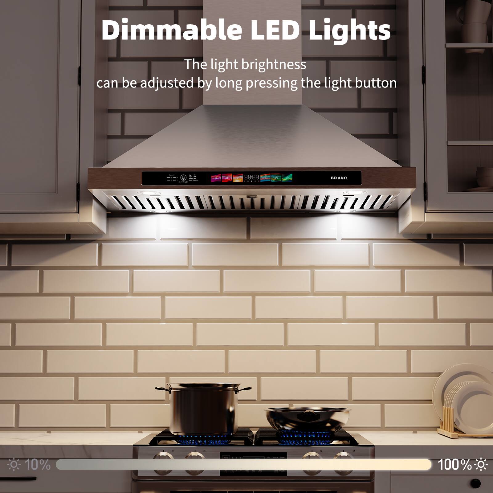 Dimmable LED Lights

The light brightness can be adjusted by long pressing the light button

Brightness: 10% - 100%