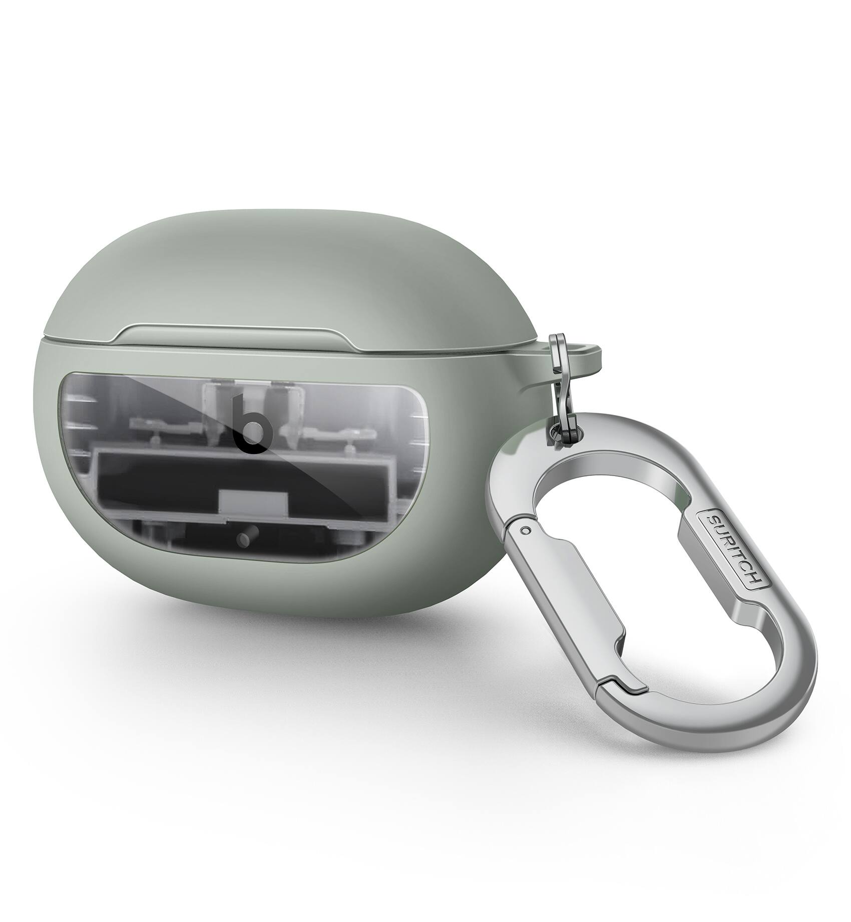 Angle. SURITCH - Protective Case for Beats Studio Buds 2021, Studio Buds+ Plus 2023 with Carabiner Keychain, Skin-Friendly TPU Shockproof - Green.