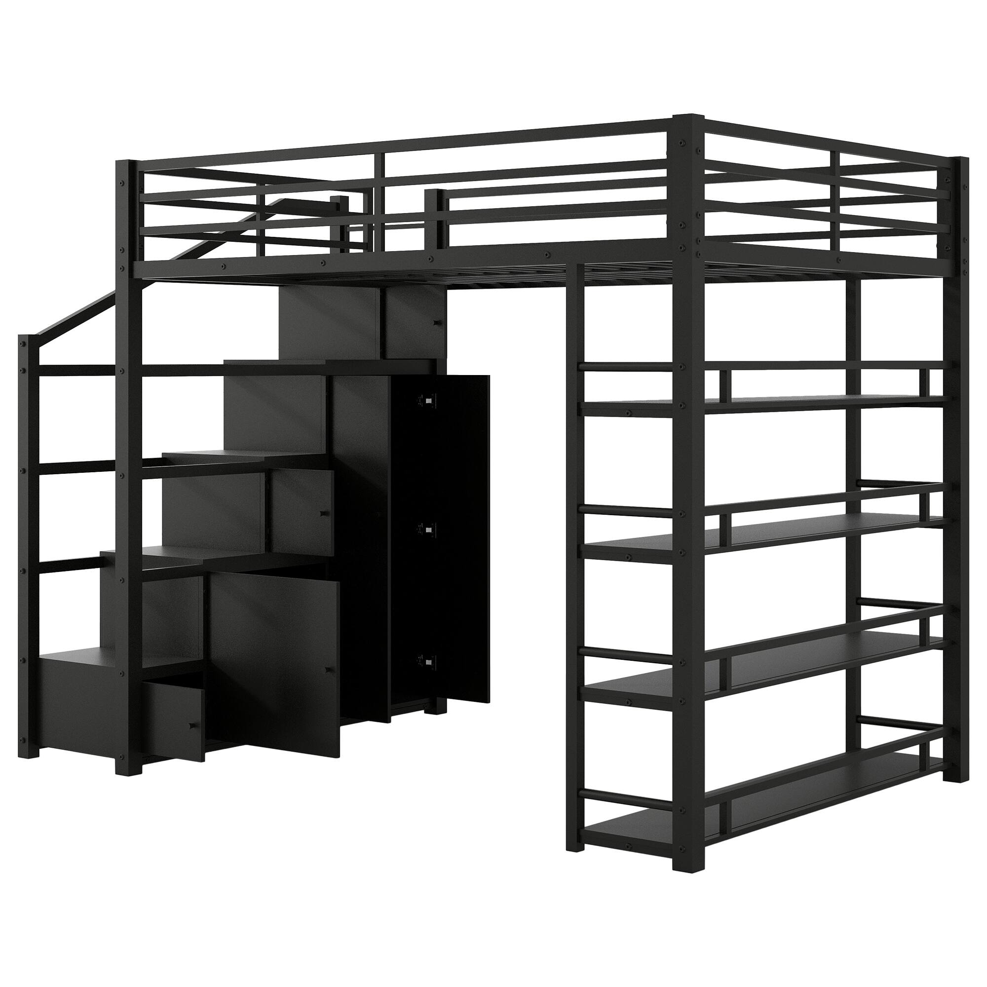 Alt View 1. Anysun - Full Size Metal Loft Bed with Storage Shelves, Cabinets & Wardrobe, Space-Saving Design for Small Rooms - Black.