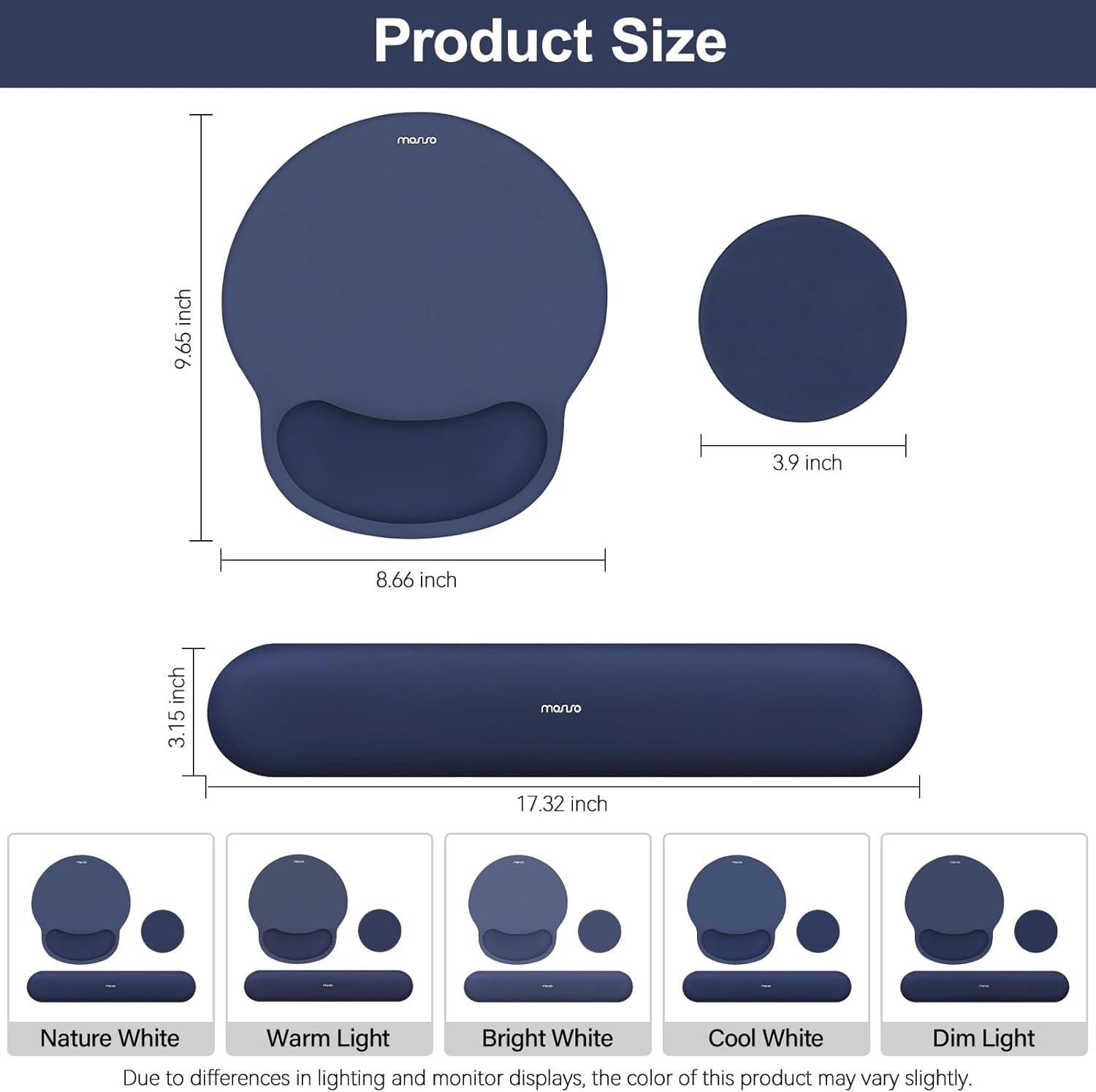 Product Size  
- 9.65 inch  
- 3.9 inch  
- 8.66 inch  
- 3.15 inch  
- 17.32 inch  

Nature White  
Warm Light  
Bright White  
Cool White  
Dim Light  

Due to differences in lighting and monitor displays, the color of this product may vary slightly.