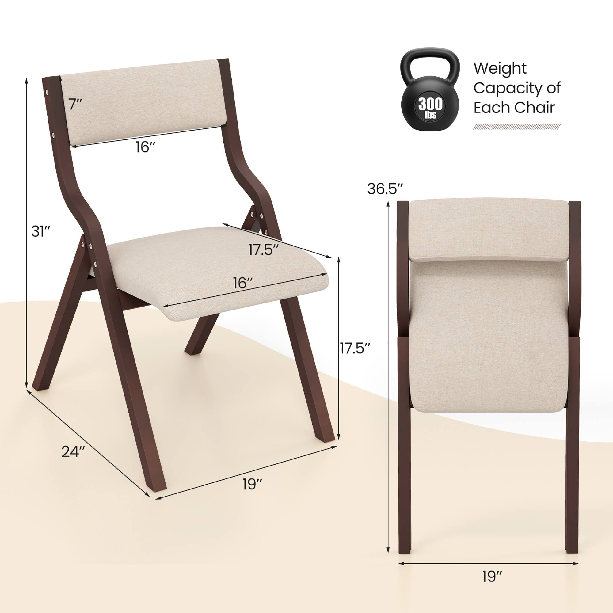 The corrected and grouped text from the image is:

- **Dimensions:**
  - Height: 36.5"
  - Width: 31"
  - Depth: 17.5"
  - Seat Height: 16"
  - Armrest Height: 7"
  - Seat Depth: 17.5"
  - Overall Width: 24"
  - Overall Depth: 19"
  - Overall Height: 19"

- **Weight Capacity:** 300 lbs per chair