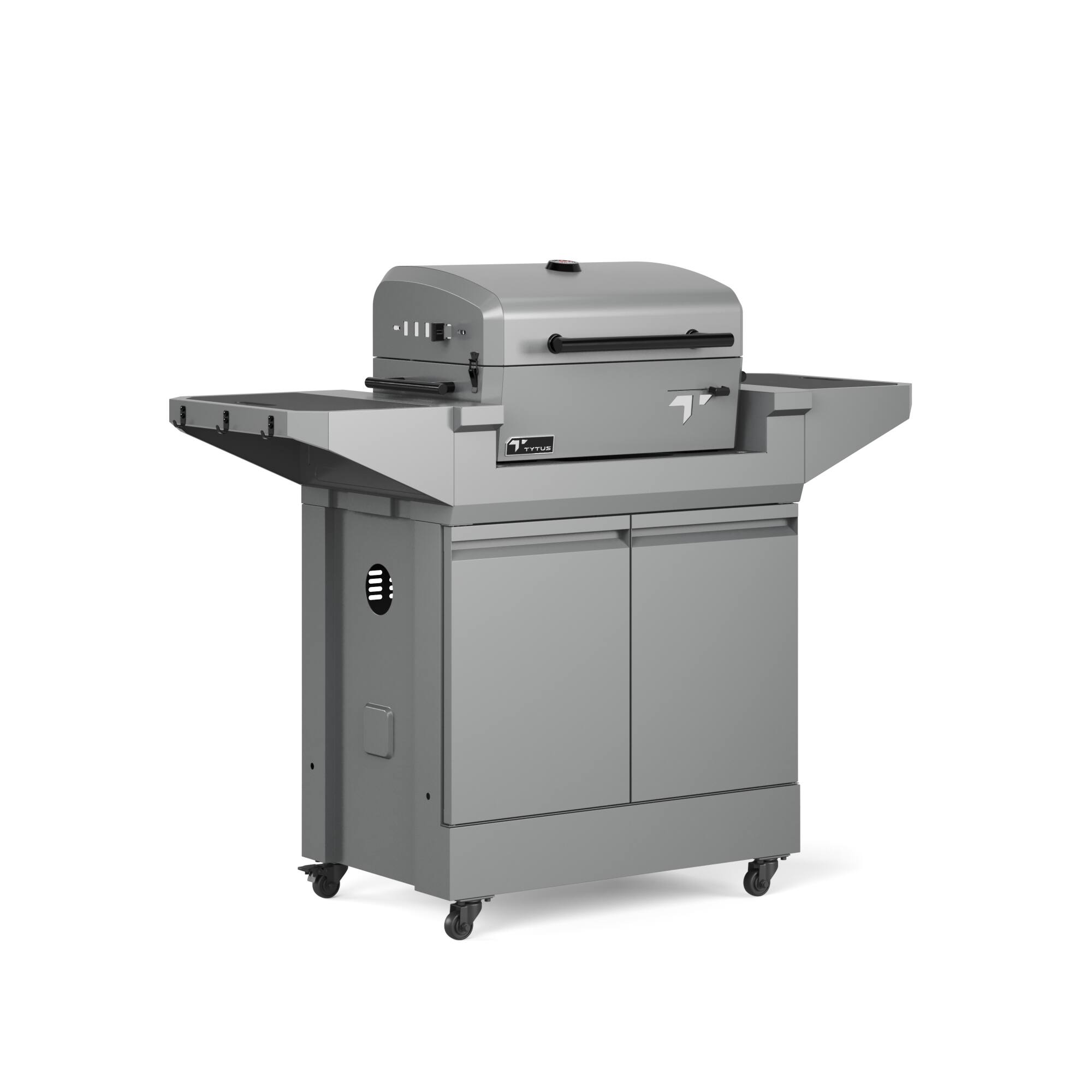Angle. TYTUS Grills - TYTUS Emberwood Charcoal Grill with Grill and Prep Cart - Gray.