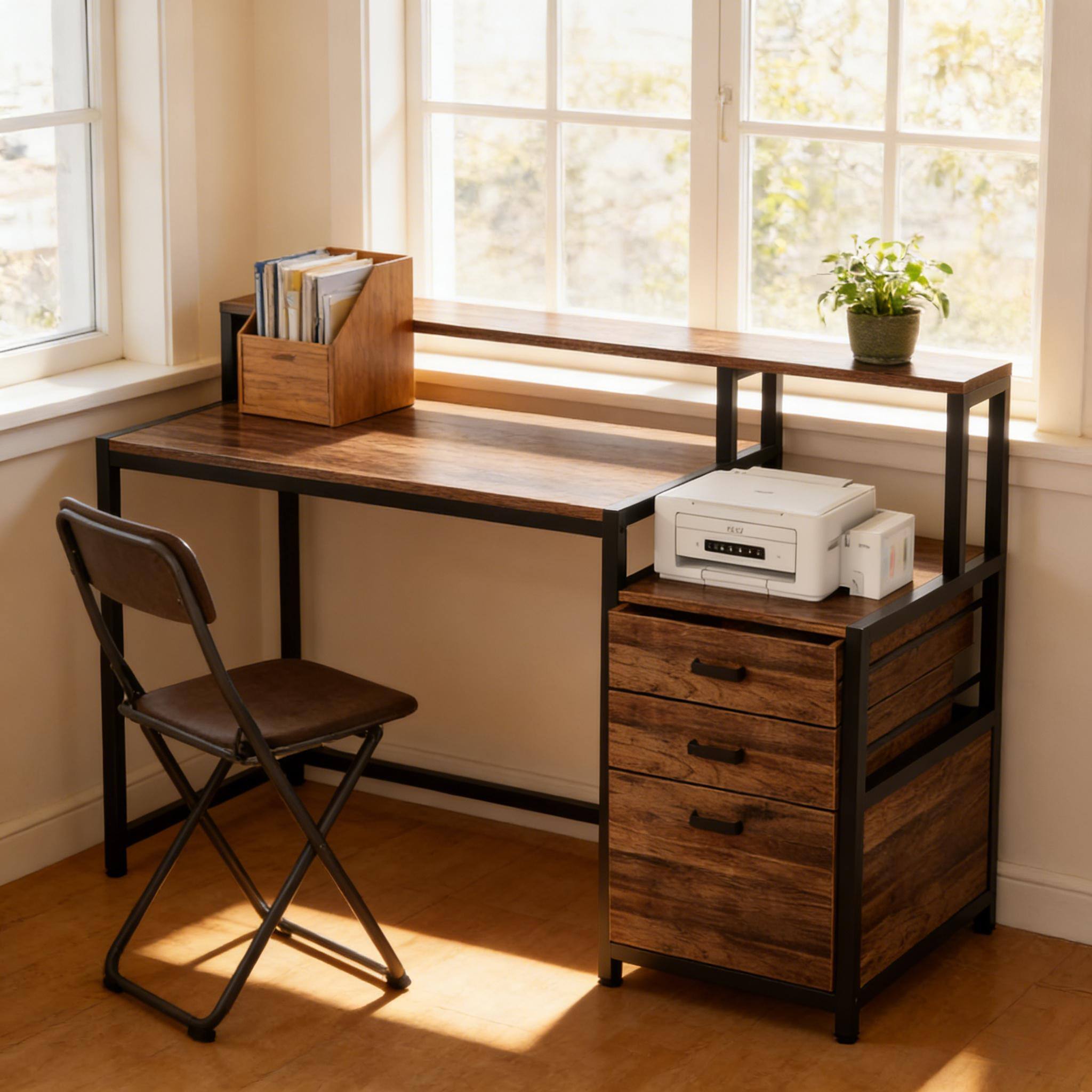Alt View 1. Forest'nSky - Writing Desk with Drawers & Storage for Office, Study & Gaming,Rustic Brown - Rustic Brown.