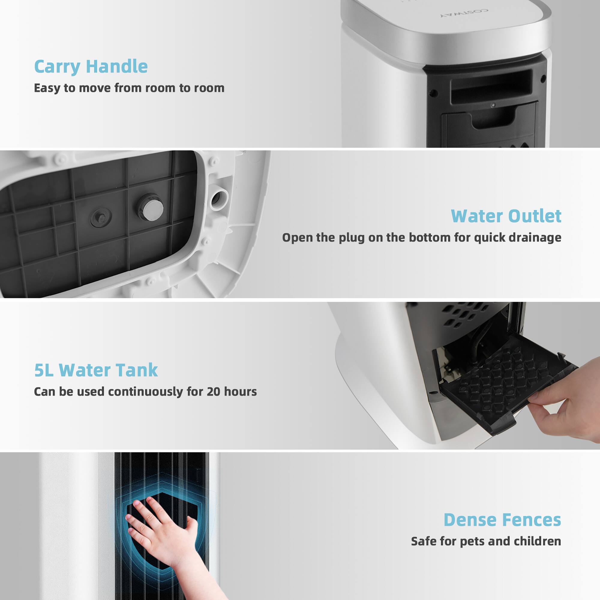 | Musoo Carry Handle Easy to move from room to room Water Outlet Open the plug on the bottom for quick drainage 5L Water Tank Can be used continuously for 20 hours Dense Fences Safe for pets and children