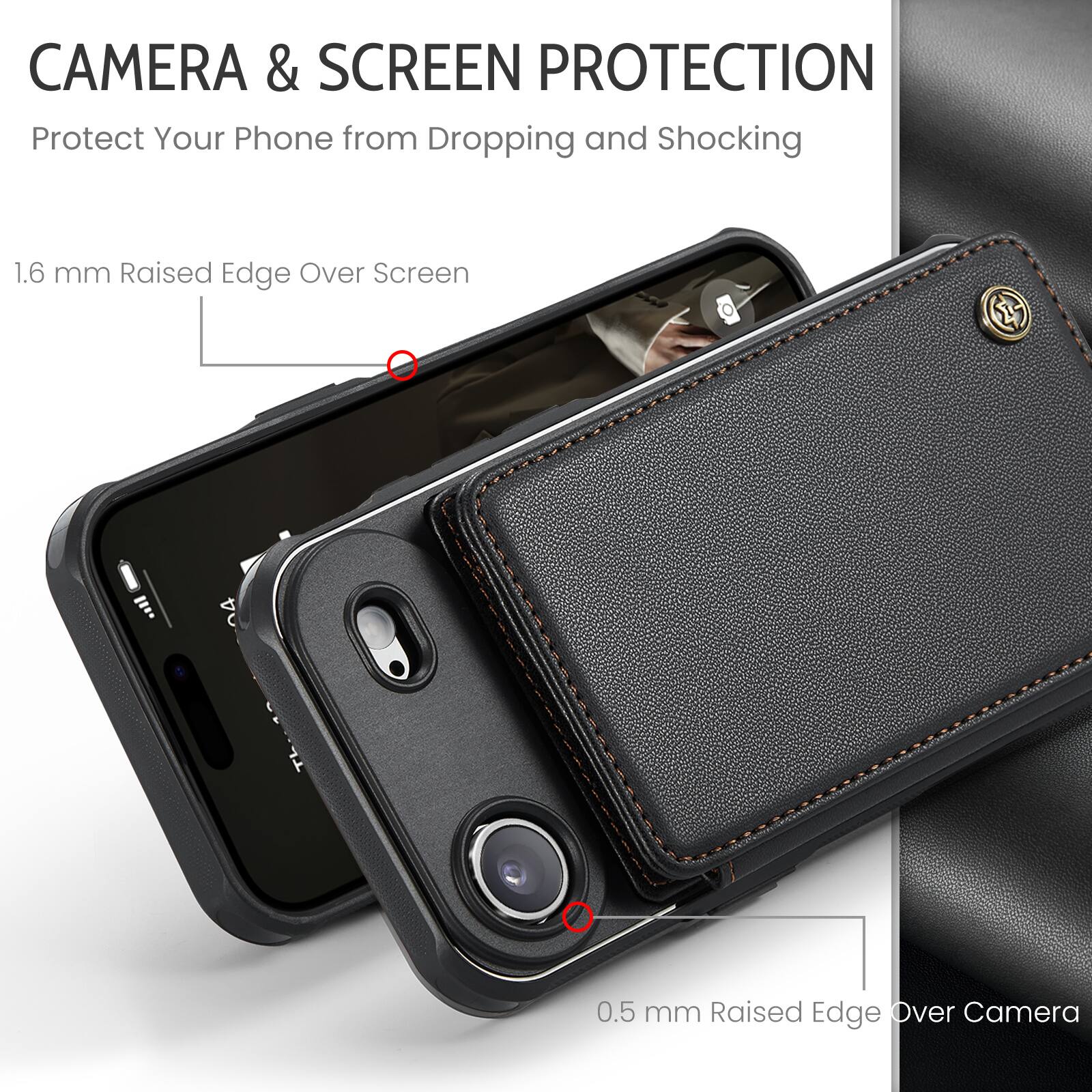 CAMERA & SCREEN PROTECTION  
Protect Your Phone from Dropping and Shocking  

1.6 mm Raised Edge Over Screen  

0.5 mm Raised Edge Over Camera