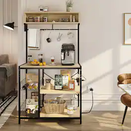 Bestier - 5-Tier Bakers Rack with Power Outlet, Microwave Stand & Coffee Bar with 10 Hooks - Light Oak