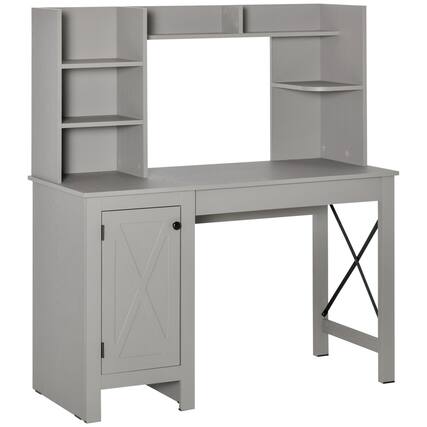 Front. Homcom - Farmhouse Computer Desk with Hutch and Cabinet, Home office Desk with Storage, for Study - Light Grey.