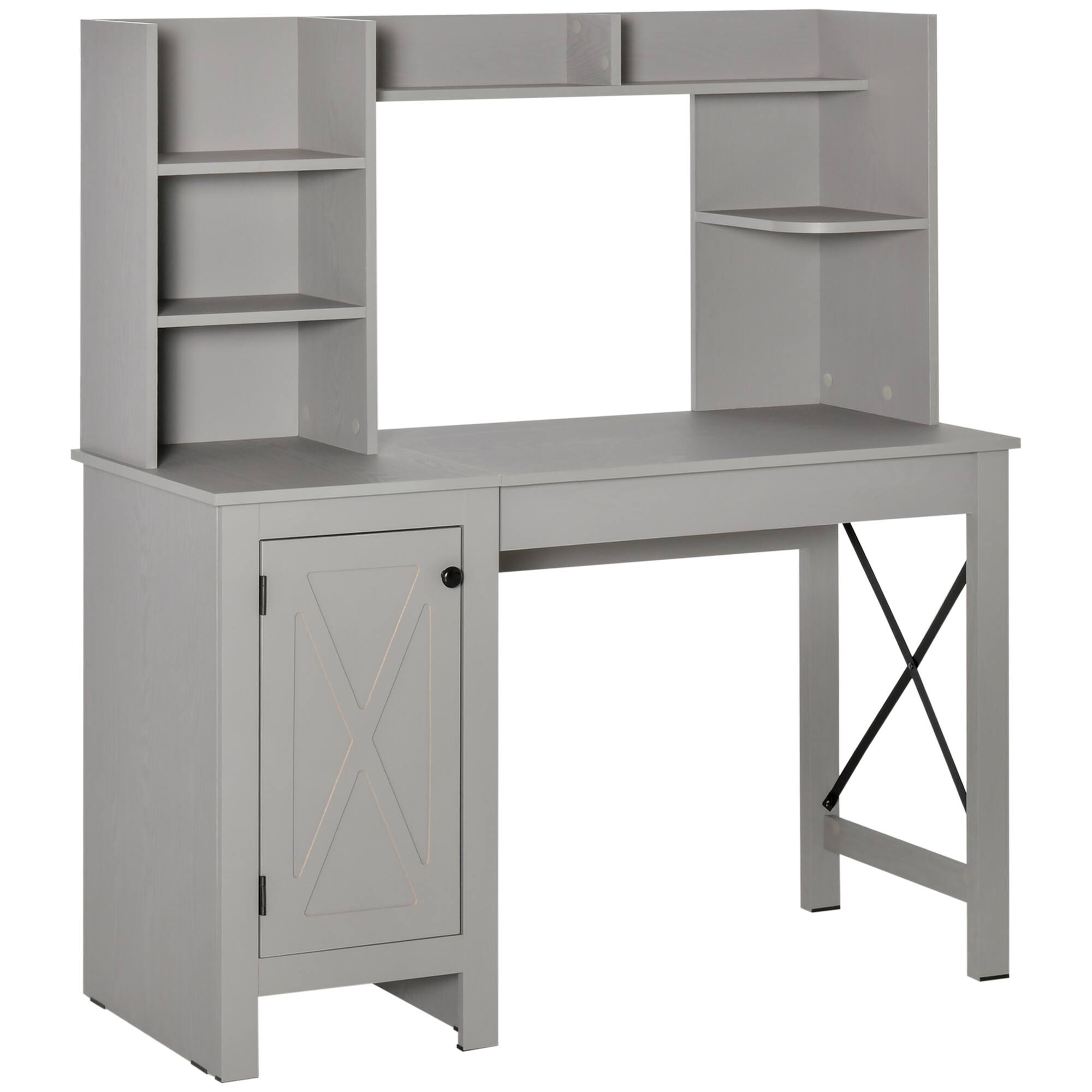 Front. Homcom - Farmhouse Computer Desk with Hutch and Cabinet, Home office Desk with Storage, for Study - Light Grey.