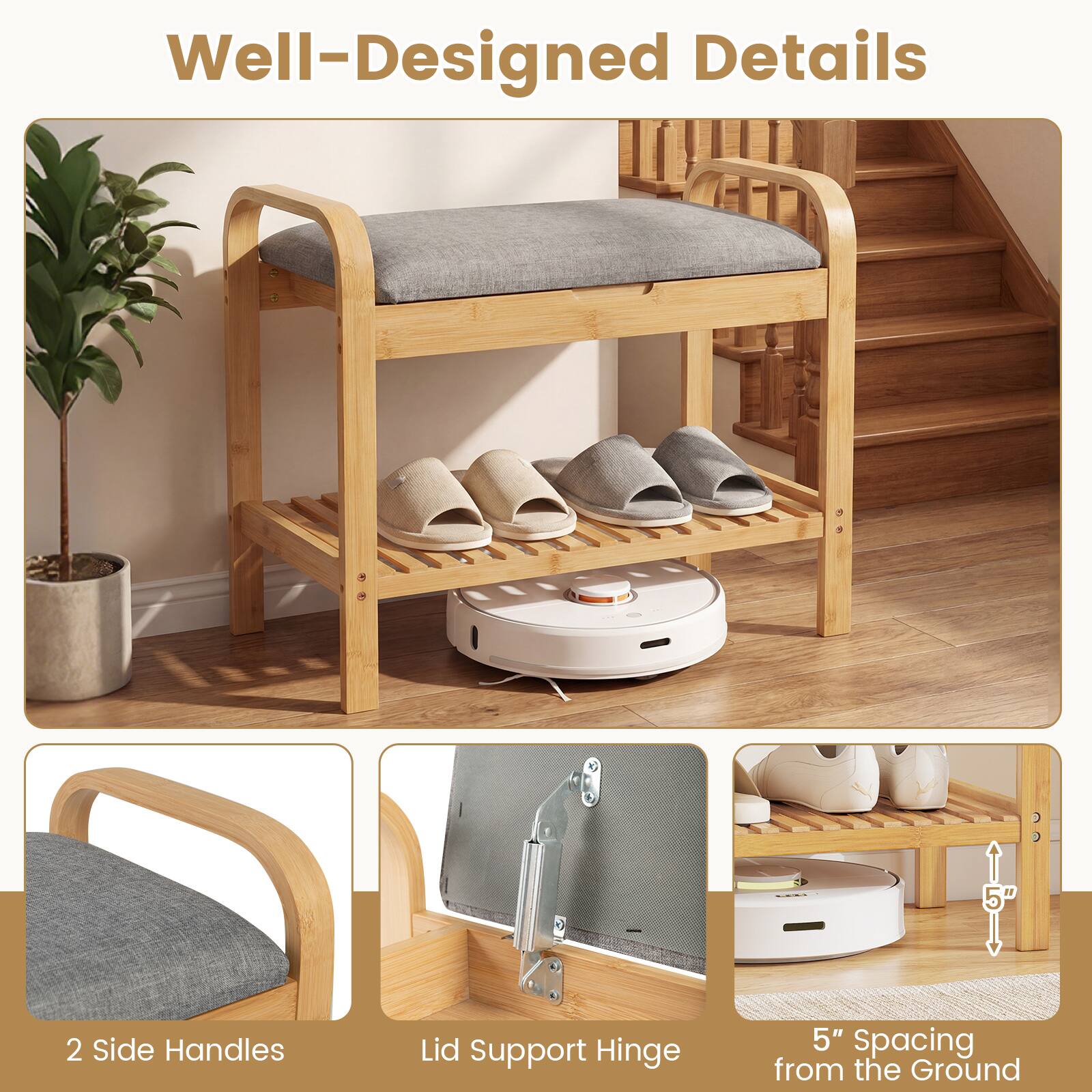 Well-Designed Details

- 2 Side Handles
- Lid Support Hinge
- 5" Spacing from the Ground