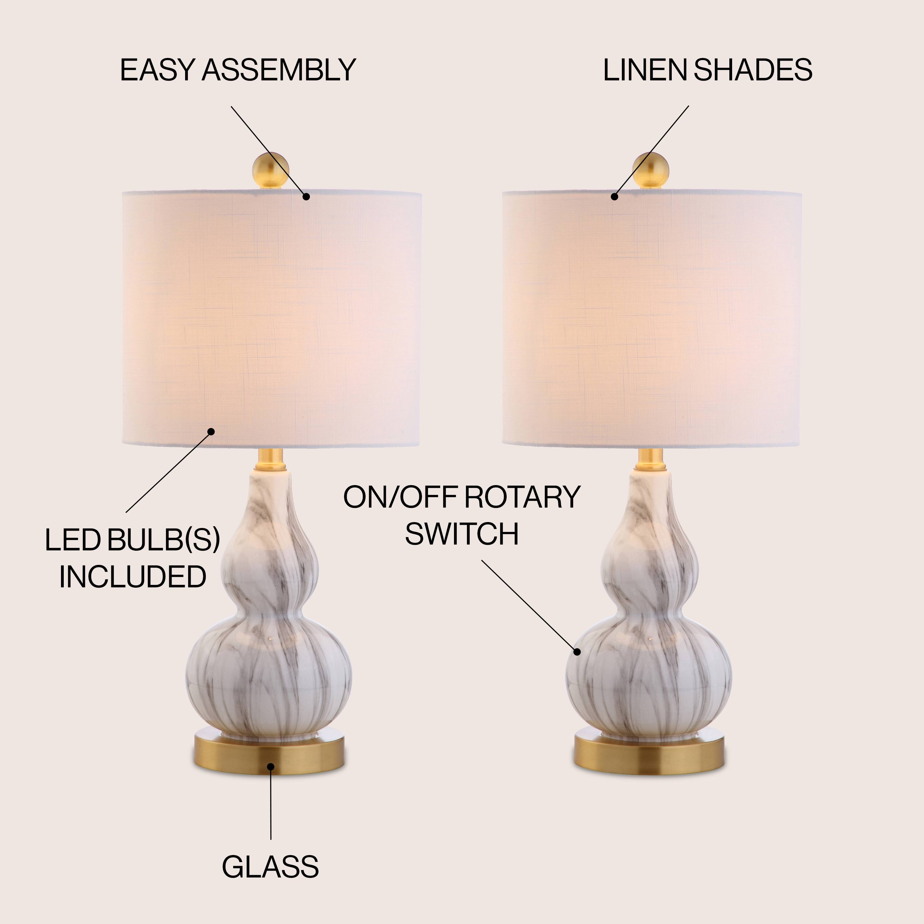 - EASY ASSEMBLY
- LINEN SHADES
- LED BULB(S) INCLUDED
- ON/OFF ROTARY SWITCH
- GLASS