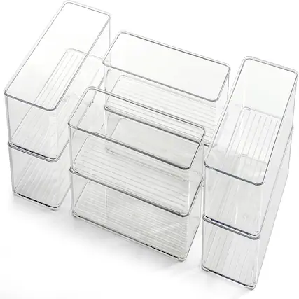 Front. RTMB - Eight-piece set of clear plastic drawer organizers, two-size tall bathroom.