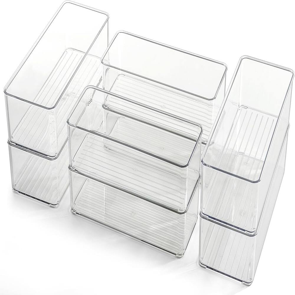Front. RTMB - Eight-piece set of clear plastic drawer organizers, two-size tall bathroom.