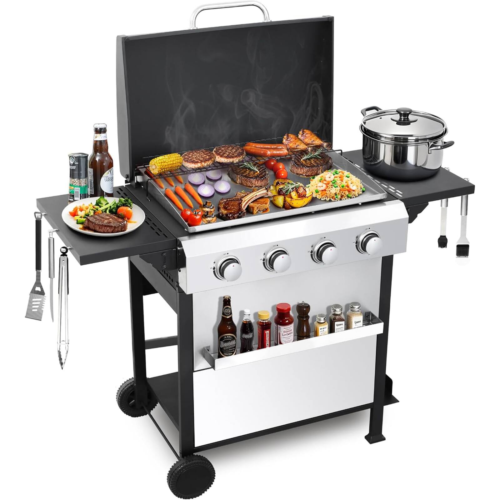 Front. Chateau Abodes - 4-Burner Flat Top Propane Gas Grill, 49,200 BTU, Stainless Steel with Foldable Side Table & Porcelain-Enameled Grids - Black, Sliver.