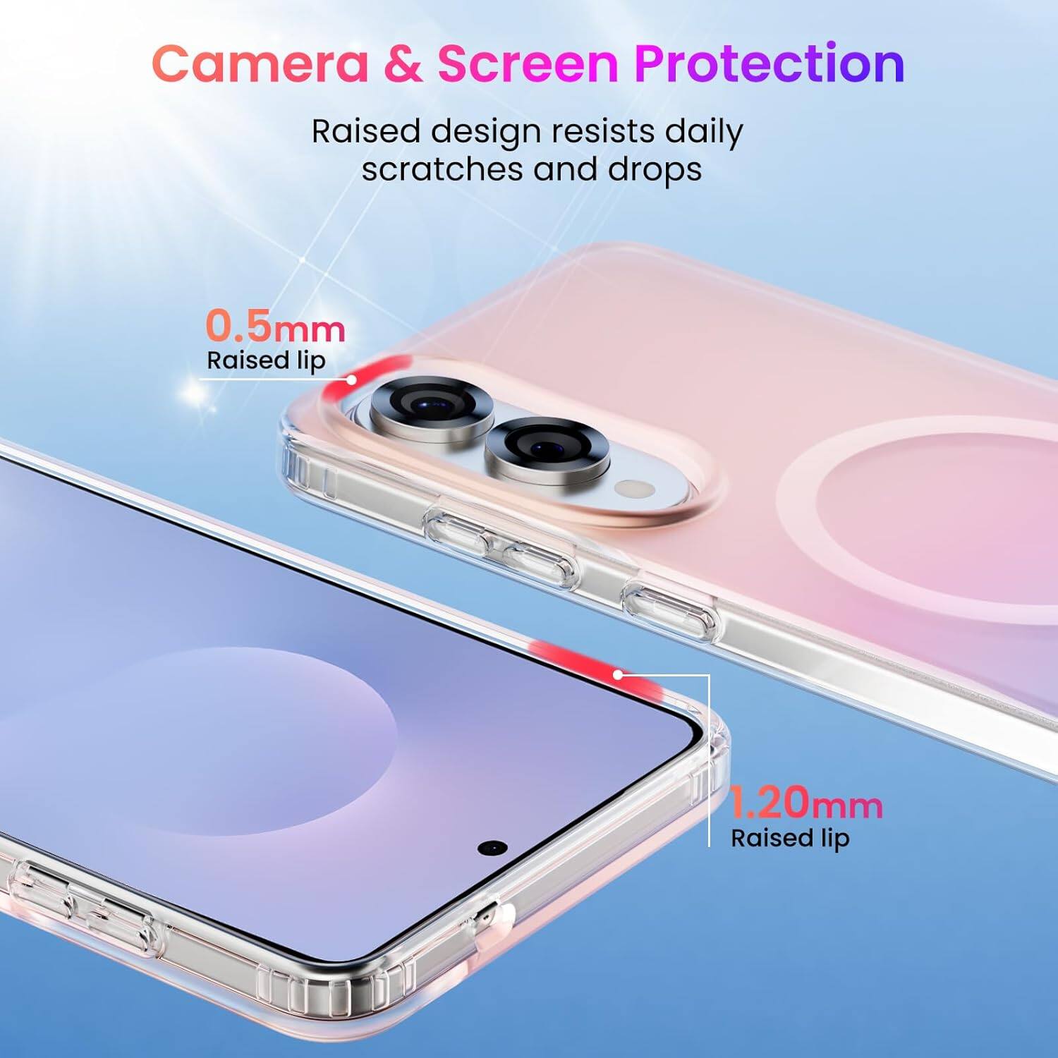 Camera & Screen Protection
Raised design resists daily scratches and drops
0.5mm Raised lip
1.20mm Raised lip