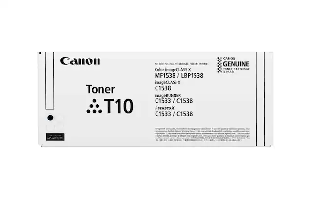Canon Toner T10
For: Pour: Für: Para: Per:
Color imageCLASS X MF1538 / LBP1538
imageCLASS X C1538
imageRUNNER C1533 / C1538
i-SENSYS X C1533 / C1538
CANON GENUINE TONER, CARTRIDGE & PARTS
For optimum print quality, we recommend using genuine Canon toner.
Pour une qualité d'impression optimale, nous recommandons d'utiliser du toner d'origine Canon.
Um eine optimale Druckqualität zu erhalten, empfehlen wir Canon Originaltoner.
Para obtener una calidad de impresión óptima, recomendamos usar tóner de Canon.
Per una qualità d'impresa consigliata, utilizzare cartucce di toner Canon.
Canon Genuine Toner Cartridge
Canon Genuine Toner Cartridge