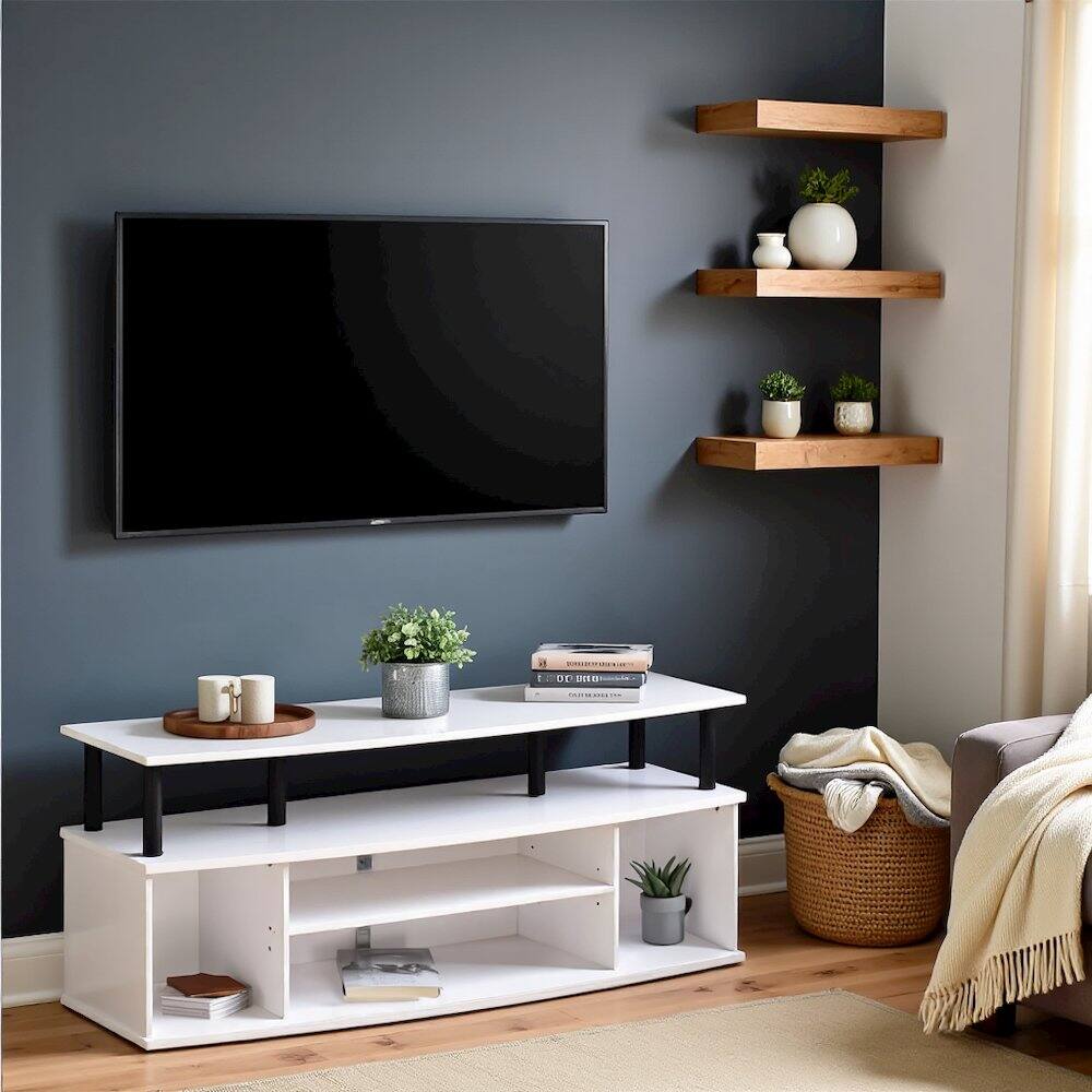 Left. FurniFact - White 55 Inch TV Stand with 3 Shelves and 2 Cabinets Modern TV Console - White.