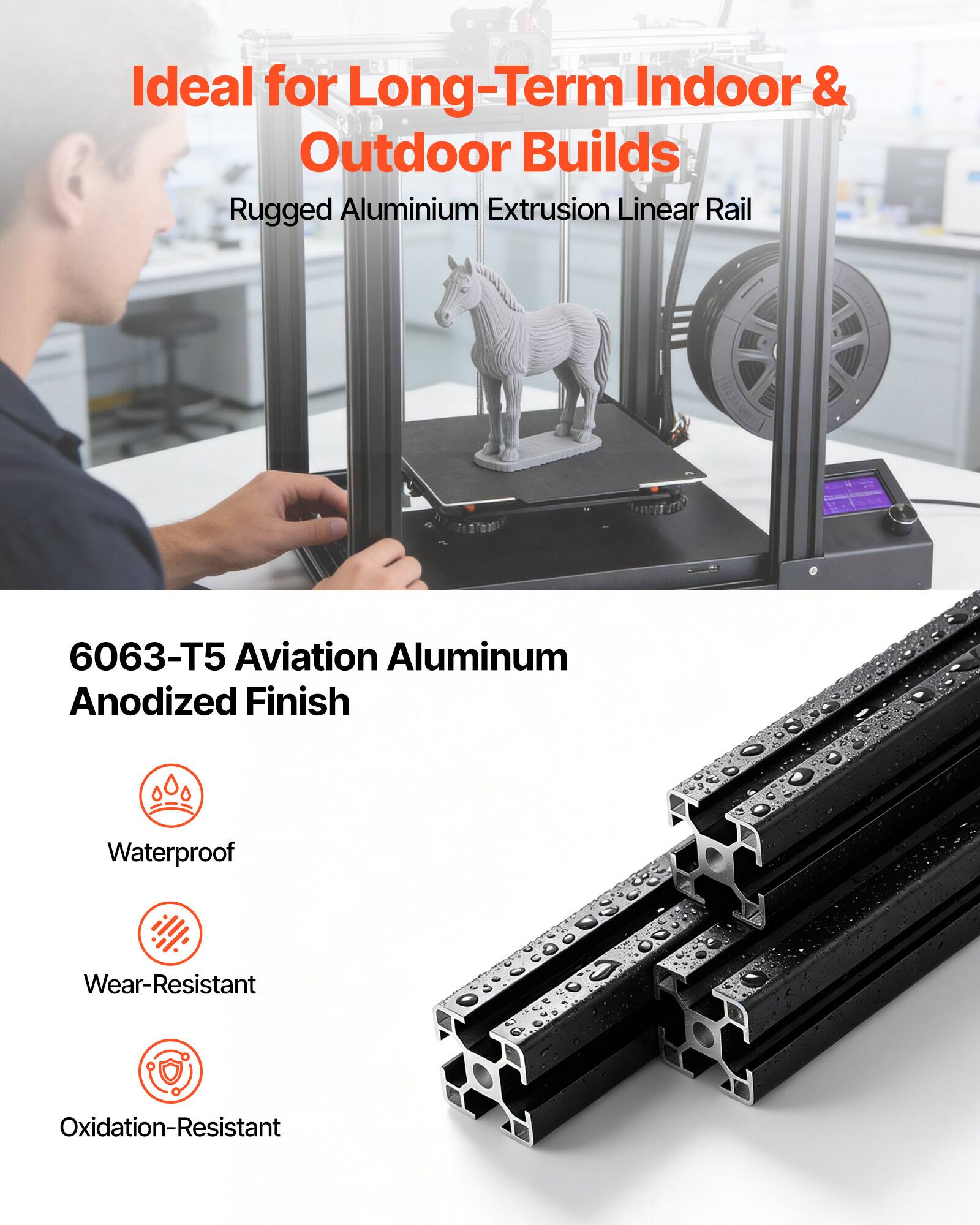 Ideal for Long-Term Indoor & Outdoor Builds  
Rugged Aluminium Extrusion Linear Rail  

6063-T5 Aviation Aluminum Anodized Finish  
Waterproof  
Wear-Resistant  
Oxidation-Resistant