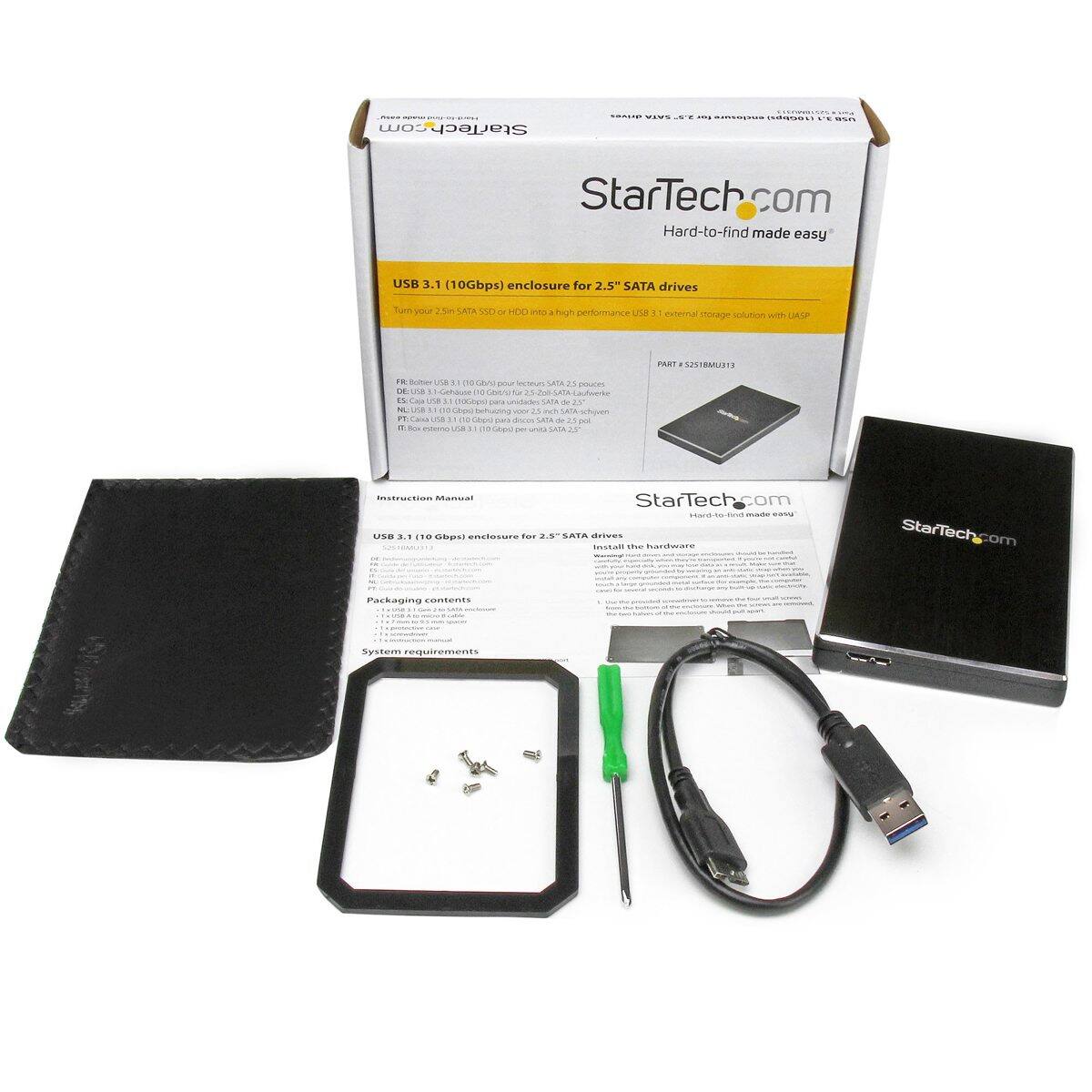StarTech.com  
Hard-to-find made easy  

USB 3.1 (10Gbps) enclosure for 2.5" SATA drives  
Turn your 2.5" SATA SSD or HDD into a high-performance USB 3.1 external storage solution  

Instruction Manual  
USB 3.1 (10 Gbps) enclosure for 2.5" SATA drives  

Packaging contents  
- USB 3.1 enclosure  
- USB 3.1 cable  
- Screws  
- Instruction Manual  

System requirements