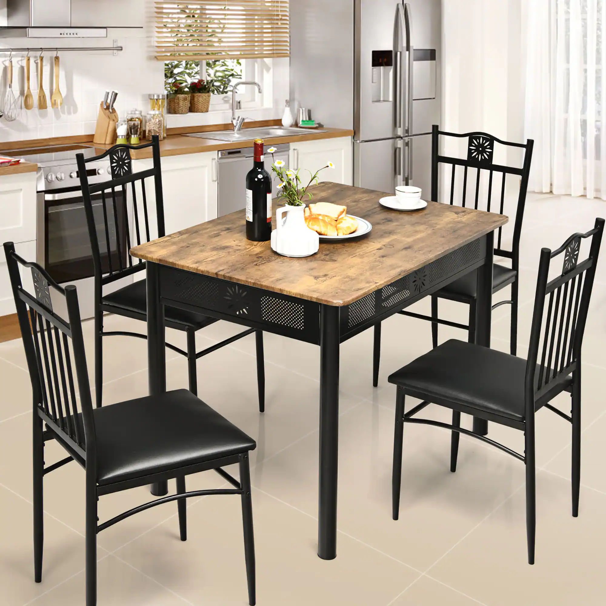 Alt View 11. Costway - 5PCS Dining Set Metal Table & 4 Chairs Kitchen Breakfast Furniture Black - Black.