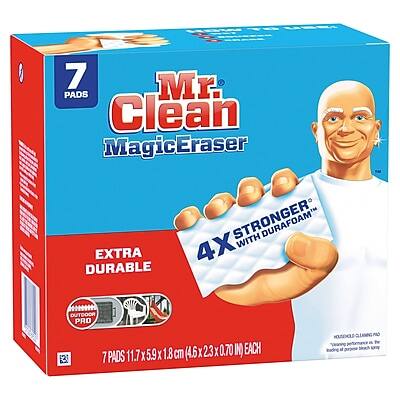 Mr. Clean MagicEraser  
7 PADS  
EXTRA DURABLE  
4X STRONGER with DURAFORAM FOAM  
7 PADS 11.7 x 5.9 x 1.8 cm (4.6 x 2.3 x 0.70 in) EACH  
DURAFORAM PRO  
GLASS CLEANING  
The Yearning Cleaning