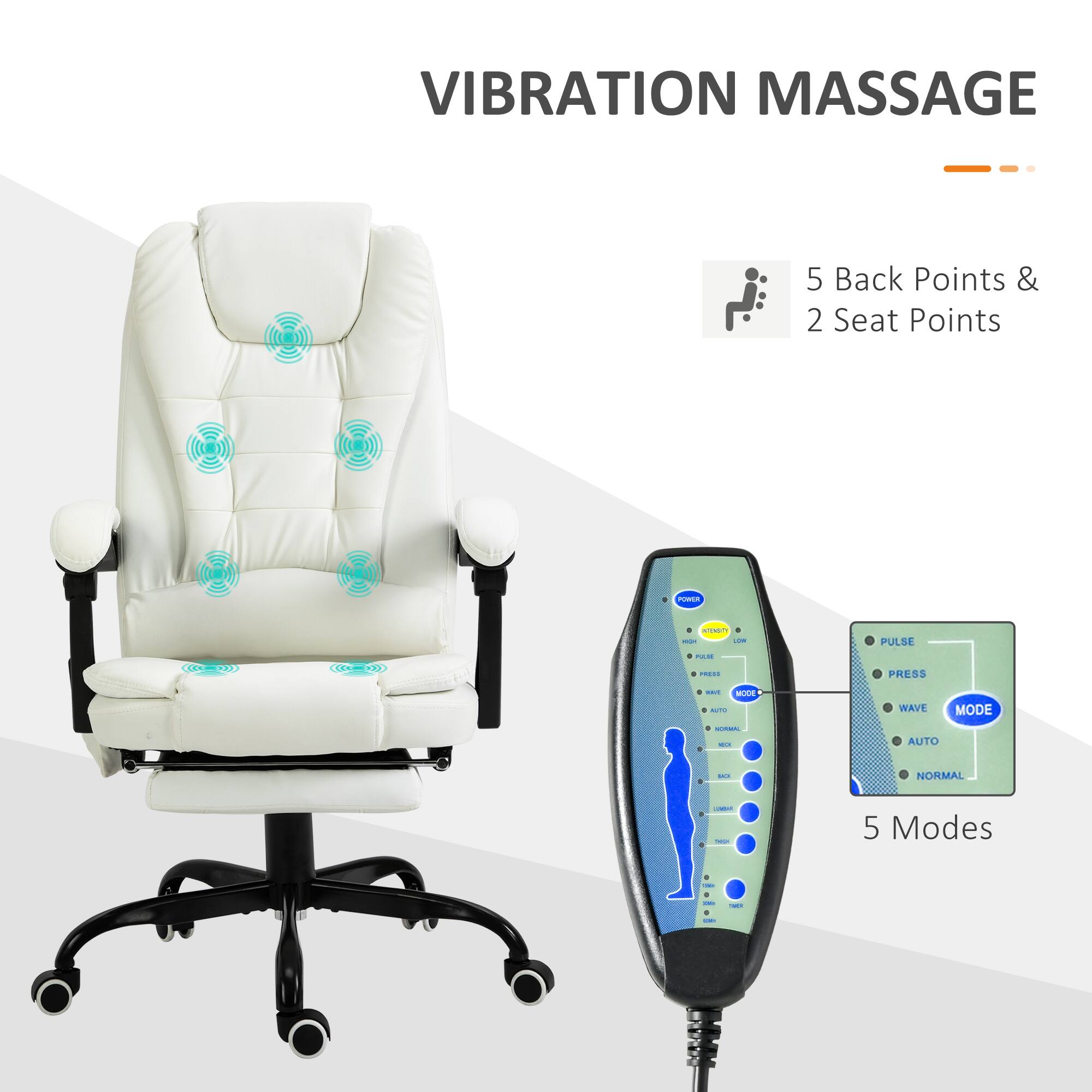 VIBRATION MASSAGE
5 Back Points & 2 Seat Points
PULSE
PRESS
WAVE
MODE
AUTO
NORMAL
5 Modes