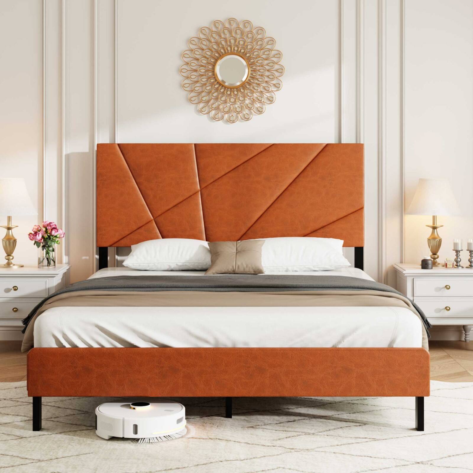 Alt View 1. Ecooso - Full size metal bed frame, square platform bed with under-bed storage, no spring-loaded mattress required - Antique brown.