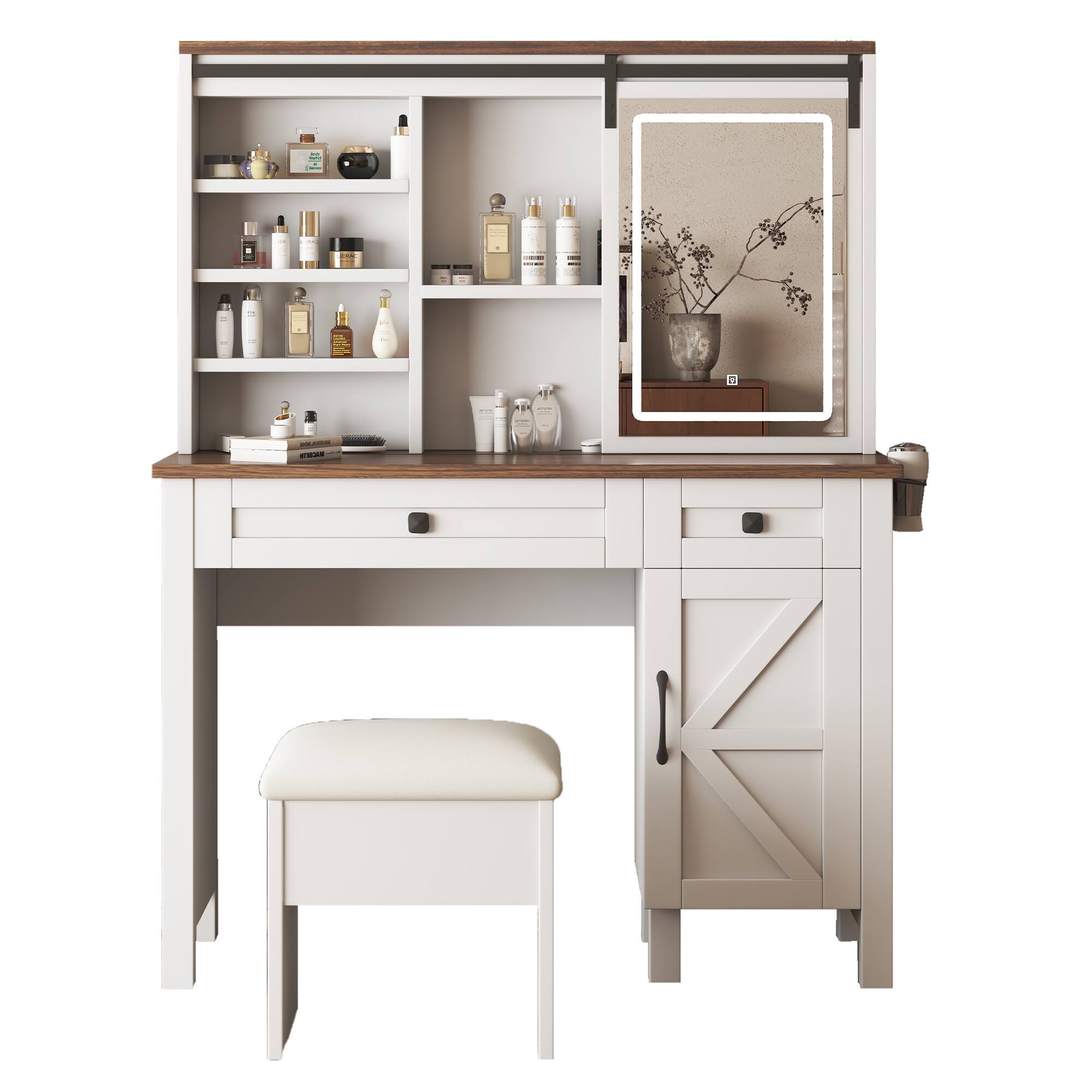 Back. PexFix - Farmhouse Vanity Desk with Sliding LED Mirror, Charging Station & Storage, Perfect for Bedroom - White.