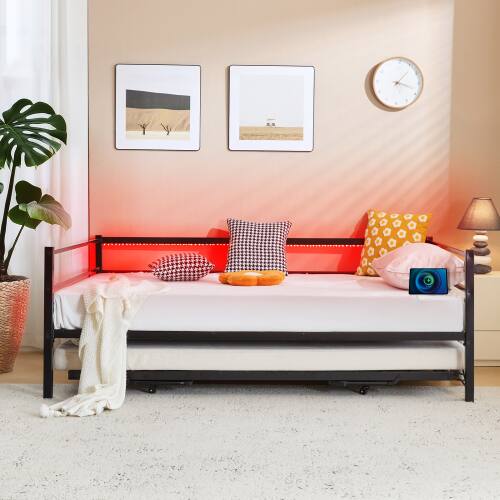 Alt View 7. Winado - Full Size Metal Daybed with Pop Up Trundle Full Day Bed Sofa Platform Bed with LED Lights and Charging Station - Black.