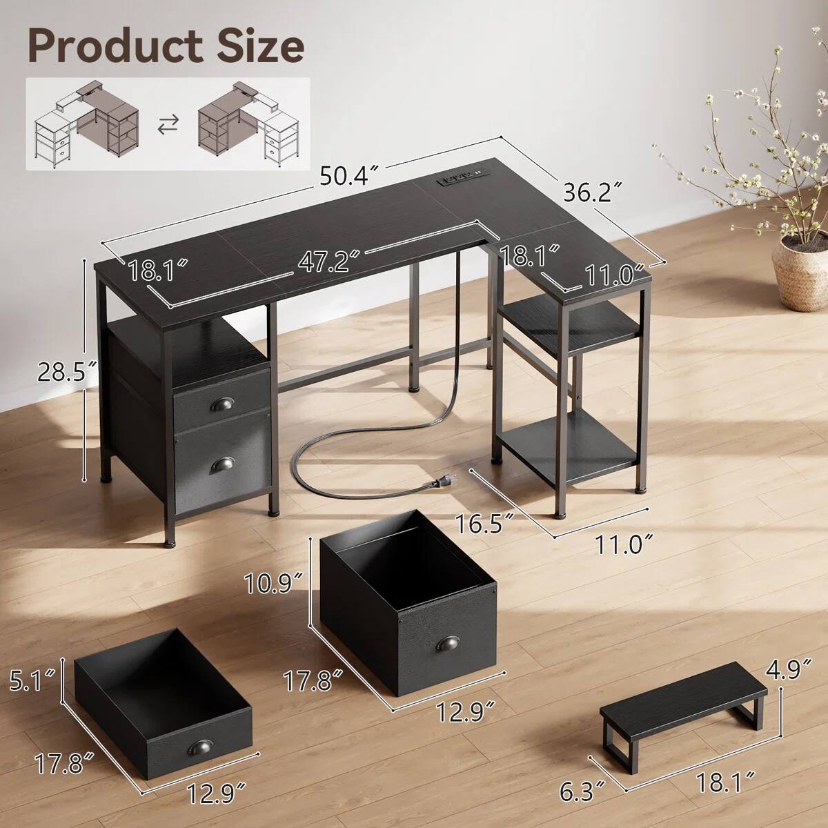 Product Size

- 50.4"
- 36.2"
- 18.1"
- 47.2"
- 18.1"
- 11.0"
- 28.5"
- 10.9"
- 16.5"
- 11.0"
- 5.1"
- 17.8"
- 12.9"
- 4.9"
- 17.8"
- 12.9"
- 6.3"
- 18.1"