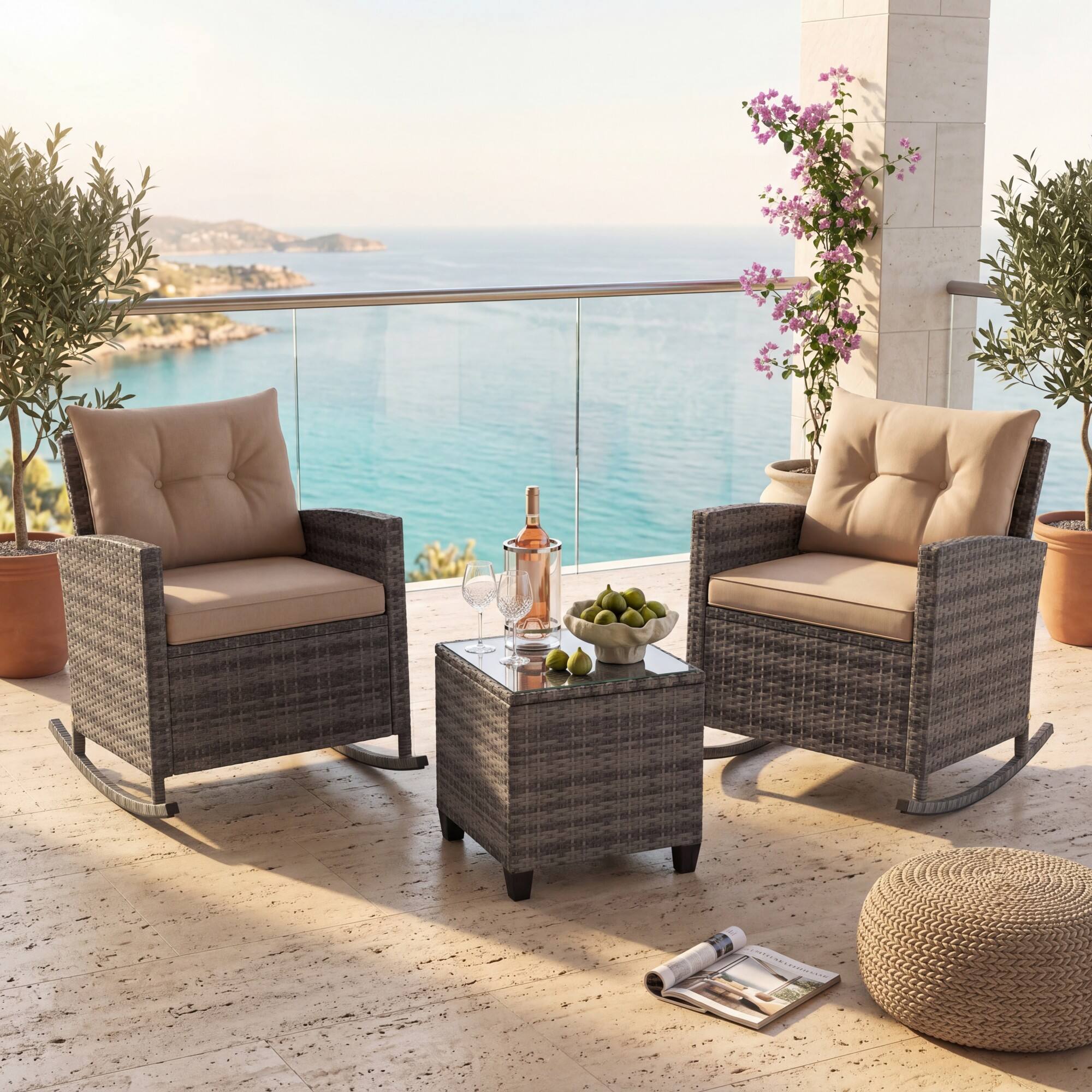 Alt View 4. Gymax - Gymax 3 PCS Patio Wicker Rocking Set w/ Tempered Glass Table & Soft Cushions Outdoor Mix Gray & Beige - Beige.